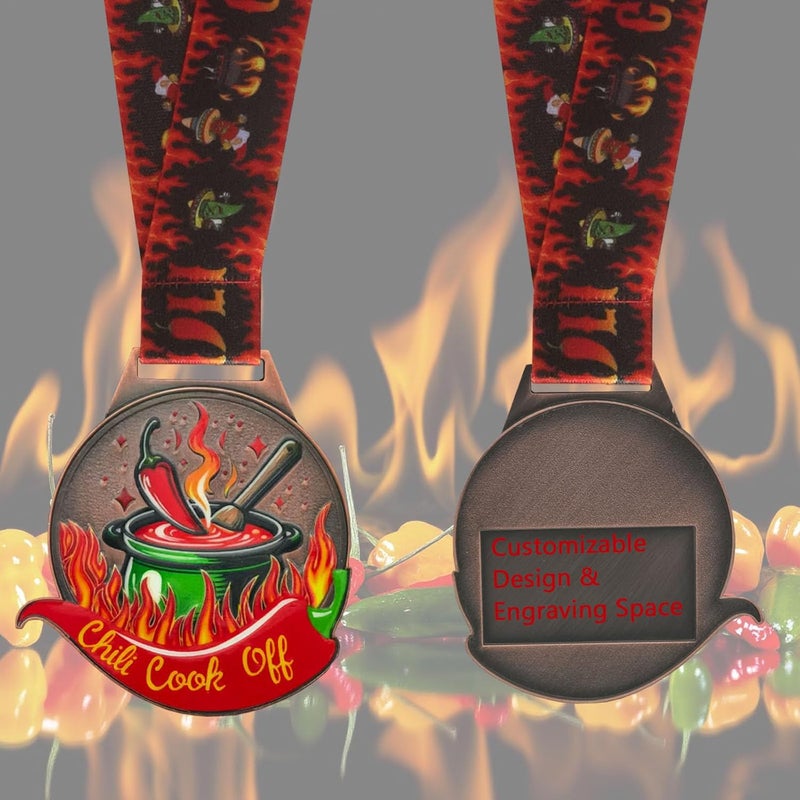 YUJUE 3 Pcs Chili Cook Off Medals Trophies Prizes, Chili Cook Off for 1st 2nd 3rd Place Medals, Chili Cook Off Premium Trophy Medals for Award Ceremony, Winner Medals with Neck Ribbon - Image 4